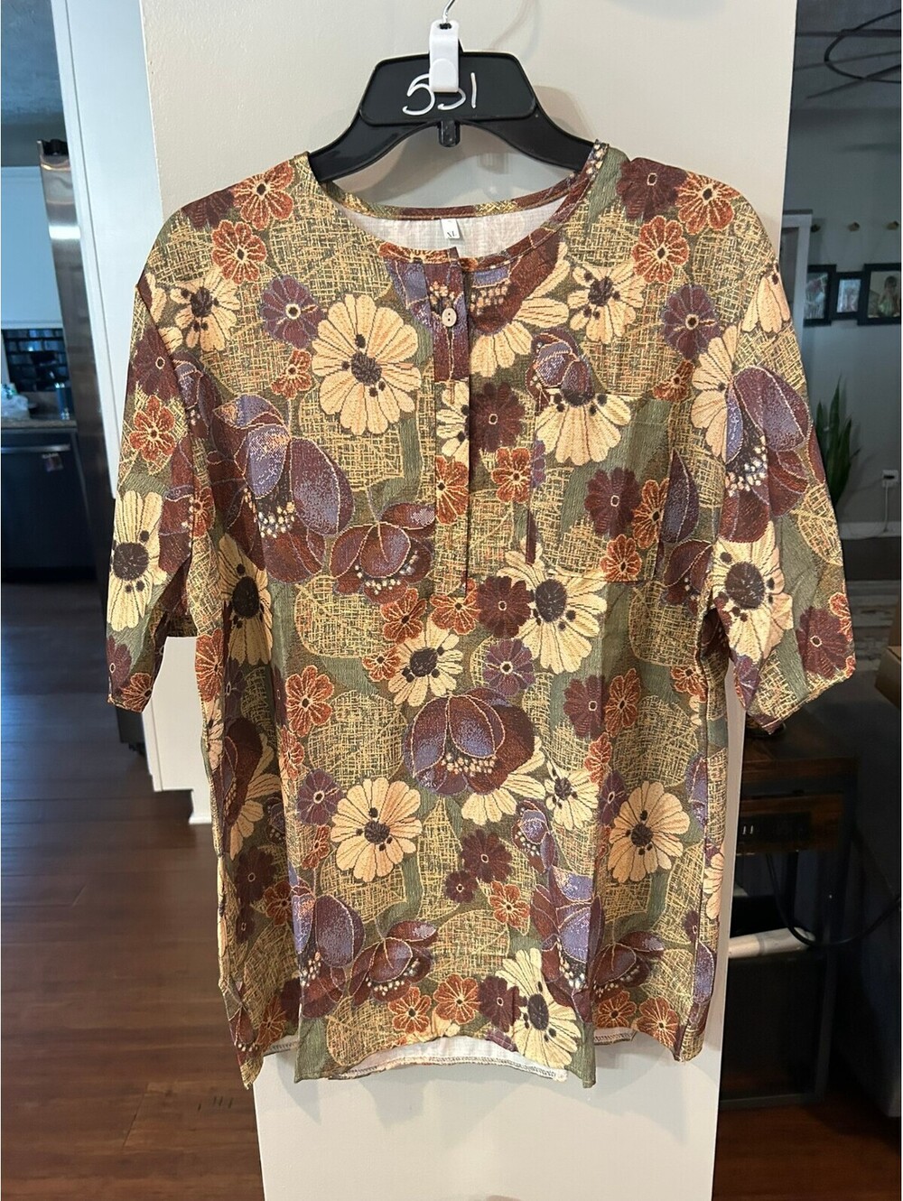 Vintage Floral Patterned Button-Up Popover Shirt XL